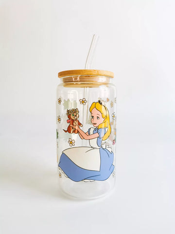 Vasos de cristal con pajita y tapa de bambú Alicia en el País de las maravillas